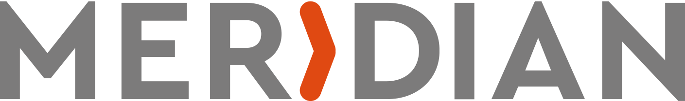Logo of the Meridian brand featuring bold gray letters with an orange accent.