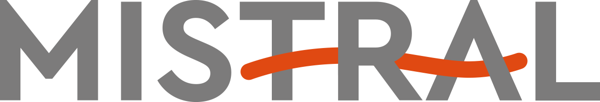 MISTRAL logo featuring bold gray letters with an orange wave element.